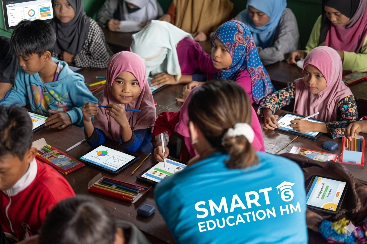 Children learning with smart tablets